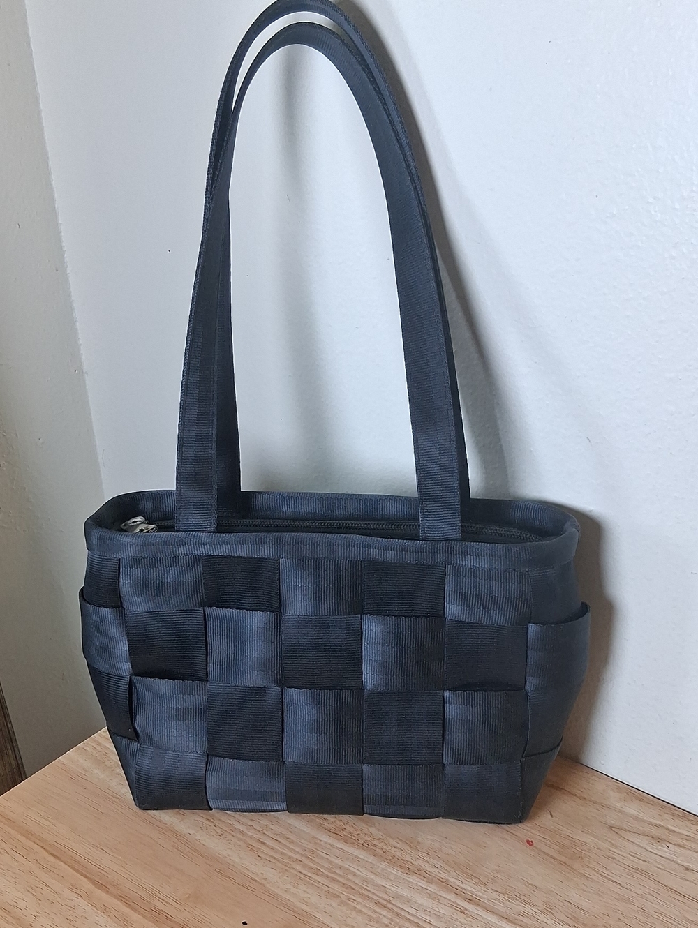 Black Woven Shoulder Bag with Long Straps